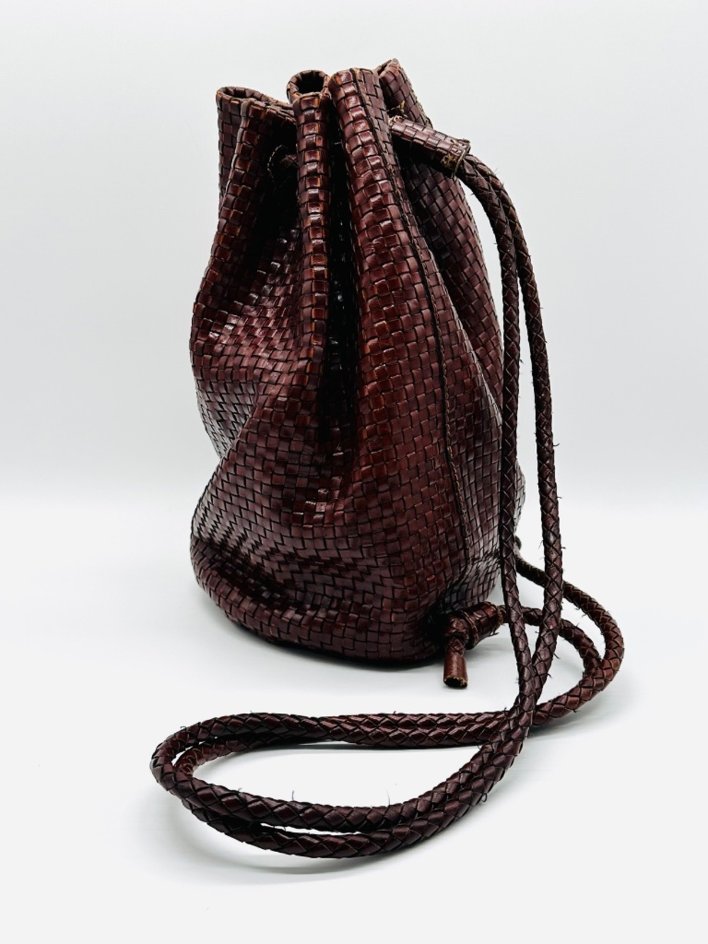 VTG DESMO Italy Woven Leather Backpack Brown Intrecciato Bucket Bag Boho - Picture 2 of 15